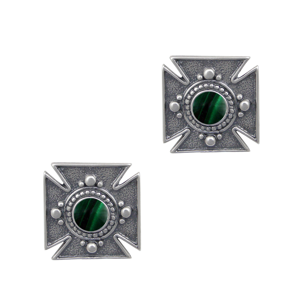 Sterling Silver Small Iron Cross Post Stud Earrings With Malachite